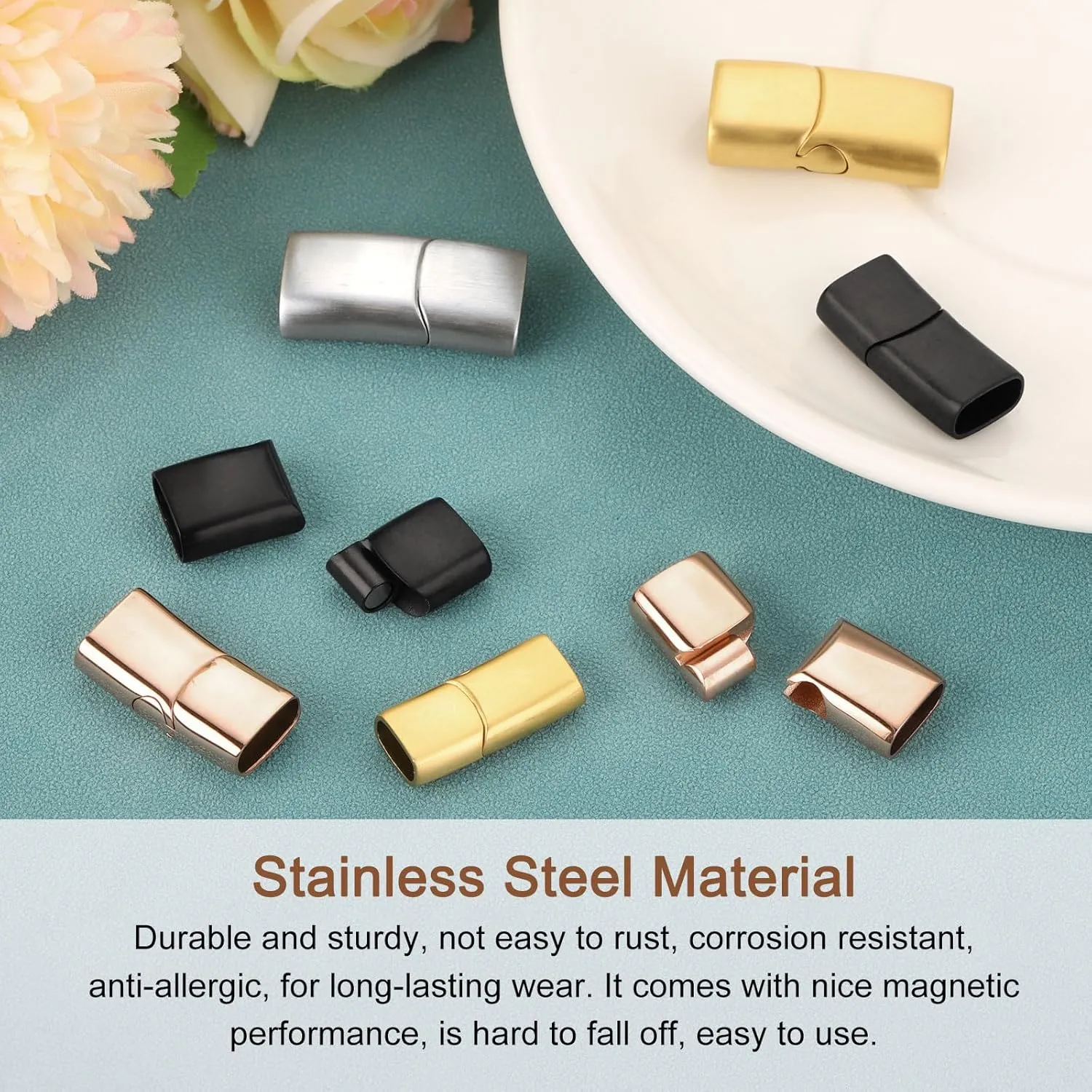 uxcell 10mmx5mm Flat Leather Clasps, 4Pcs Bracelet Clasps Flat Closure End Caps for DIY, Making Supplies (Silver)