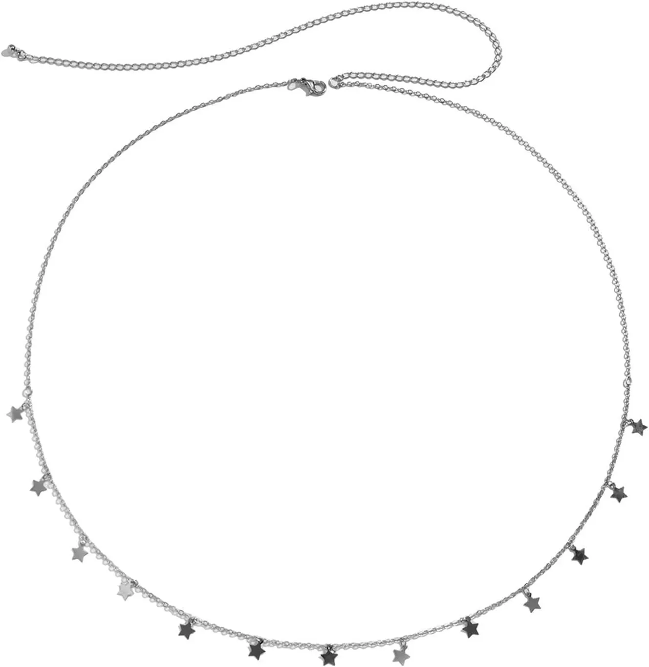 Western Accessories, Silver Thin Waist Chain Minimalist Star with Tassel 105Cm Copper Cable Waist Chain