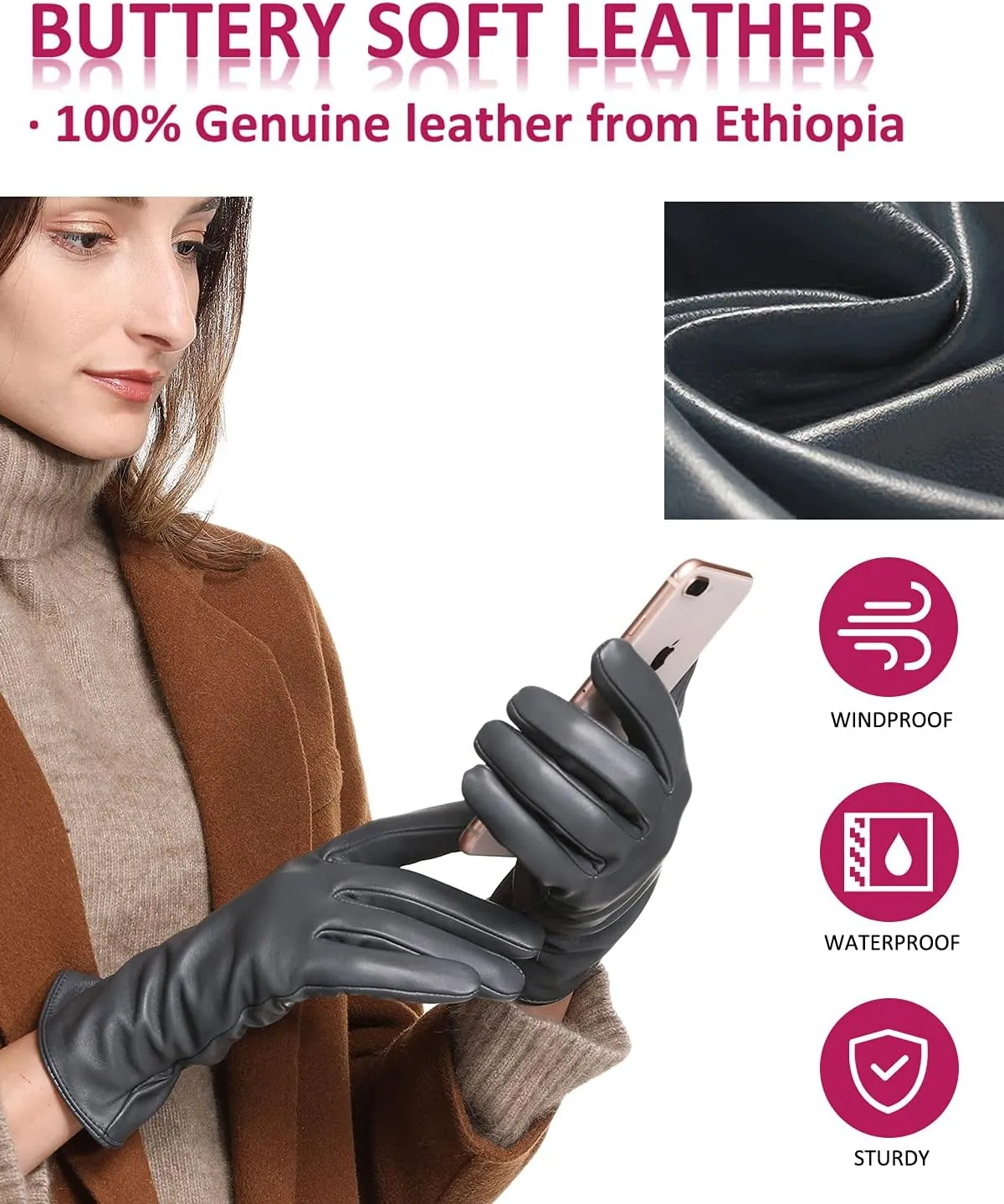Winter Leather Gloves for Women, Premium Sheepskin Warm Gloves for Cold Weather, Fleece Lining Touch Screen Glove