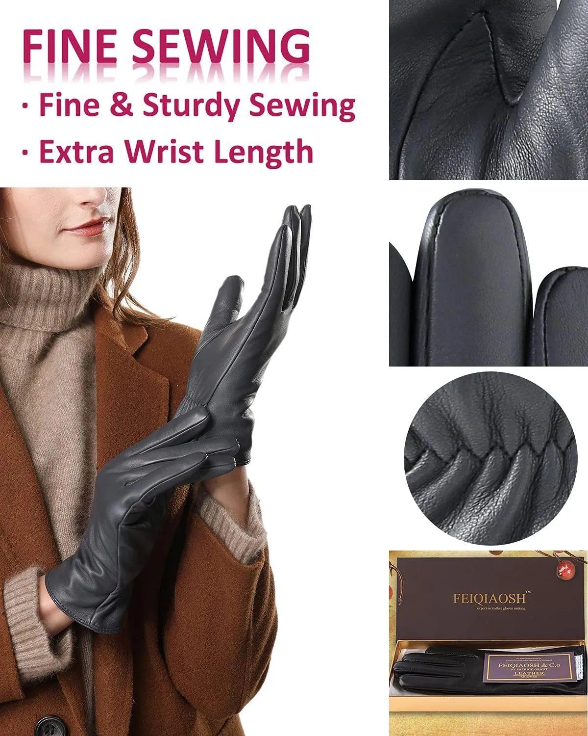Winter Leather Gloves for Women, Premium Sheepskin Warm Gloves for Cold Weather, Fleece Lining Touch Screen Glove