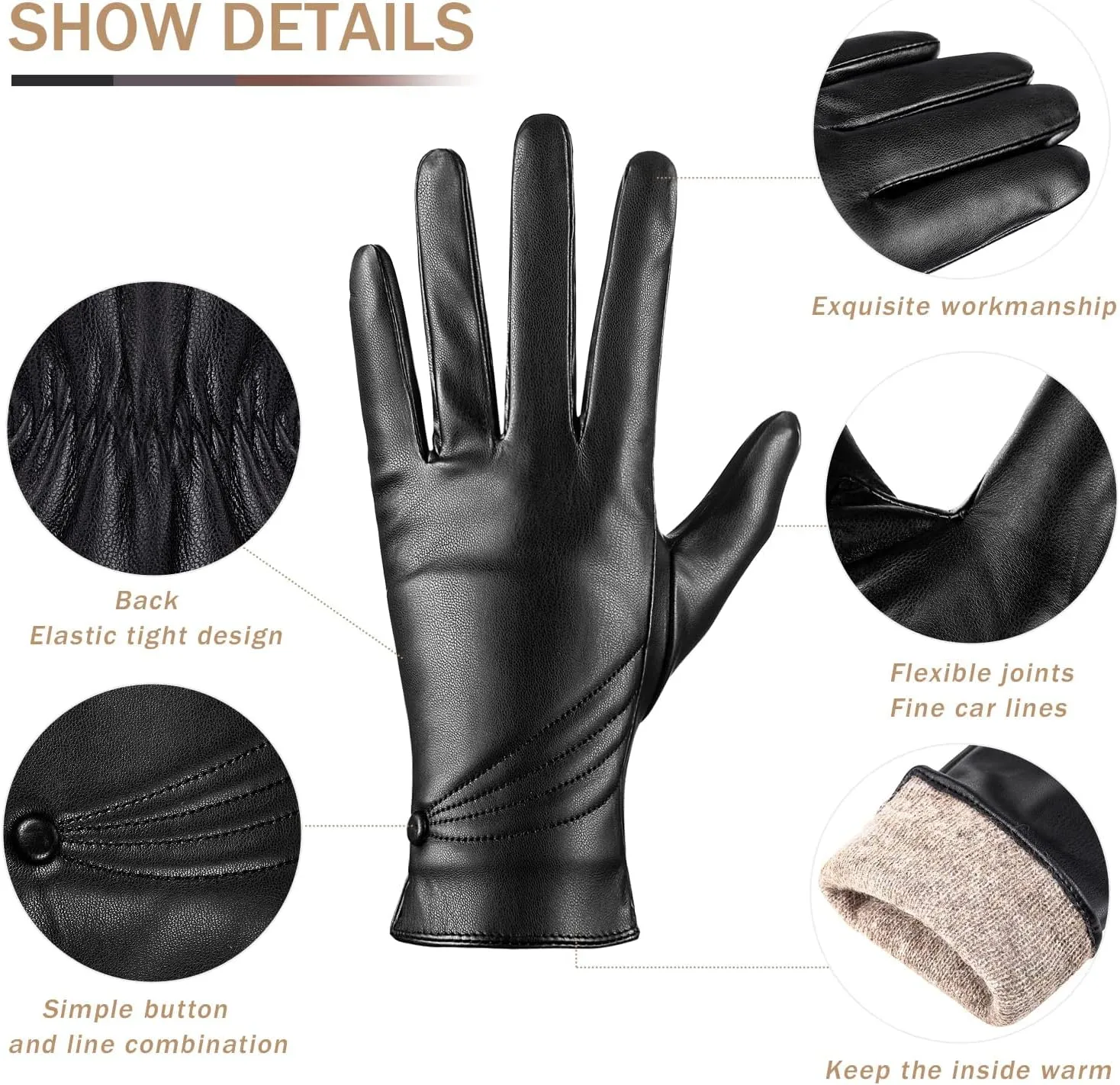 Winter Leather Gloves for Women, Warm Touchscreen Driving Texting Cashmere Lined Gloves
