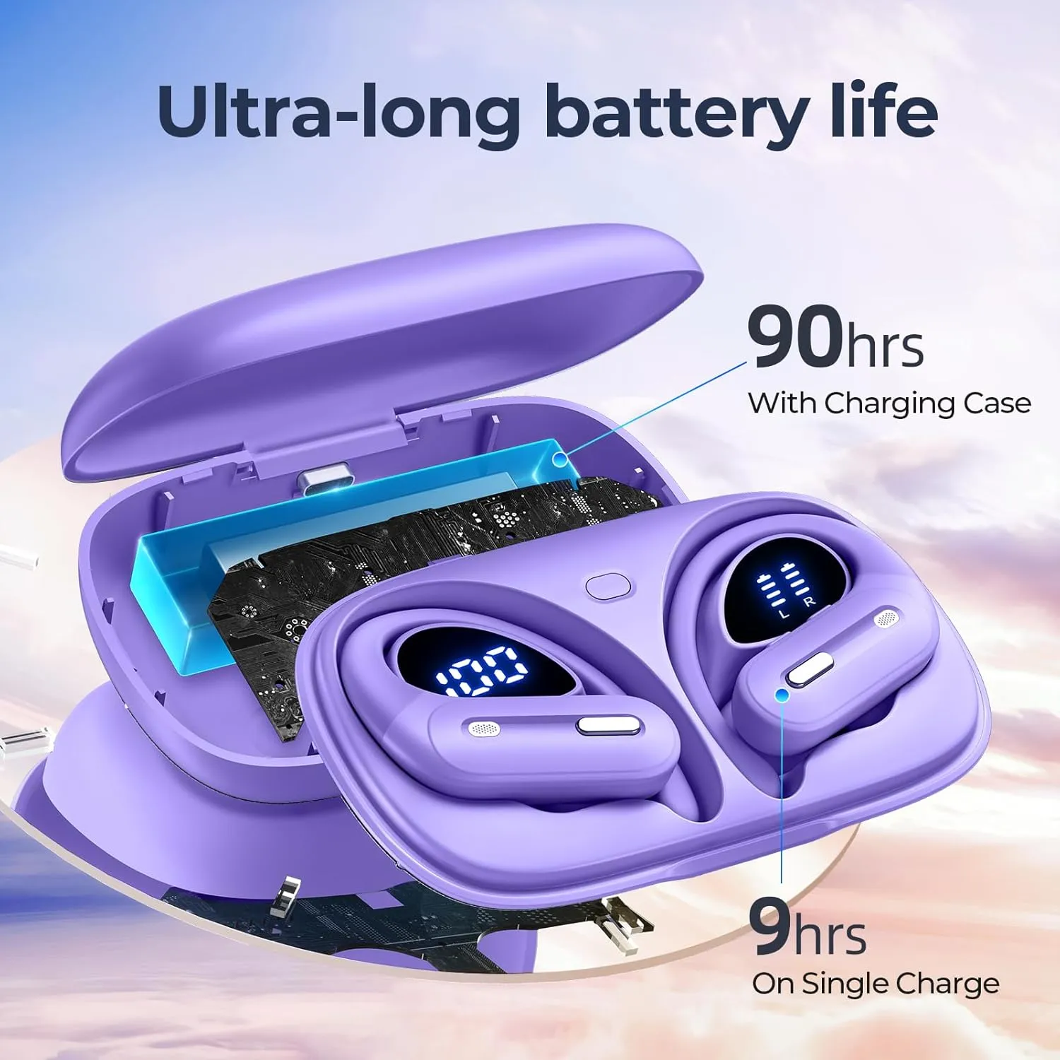 Wireless Earbuds V5.3 Bluetooth Headphones 90 Hrs Playtime Earbuds with Wireless Charging Case Power Display Over-ear Earphones with Earhooks Waterproof Stereo Headset for Android phone Workout Purple
