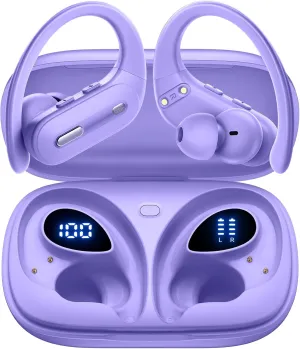 Wireless Earbuds V5.3 Bluetooth Headphones 90 Hrs Playtime Earbuds with Wireless Charging Case Power Display Over-ear Earphones with Earhooks Waterproof Stereo Headset for Android phone Workout Purple