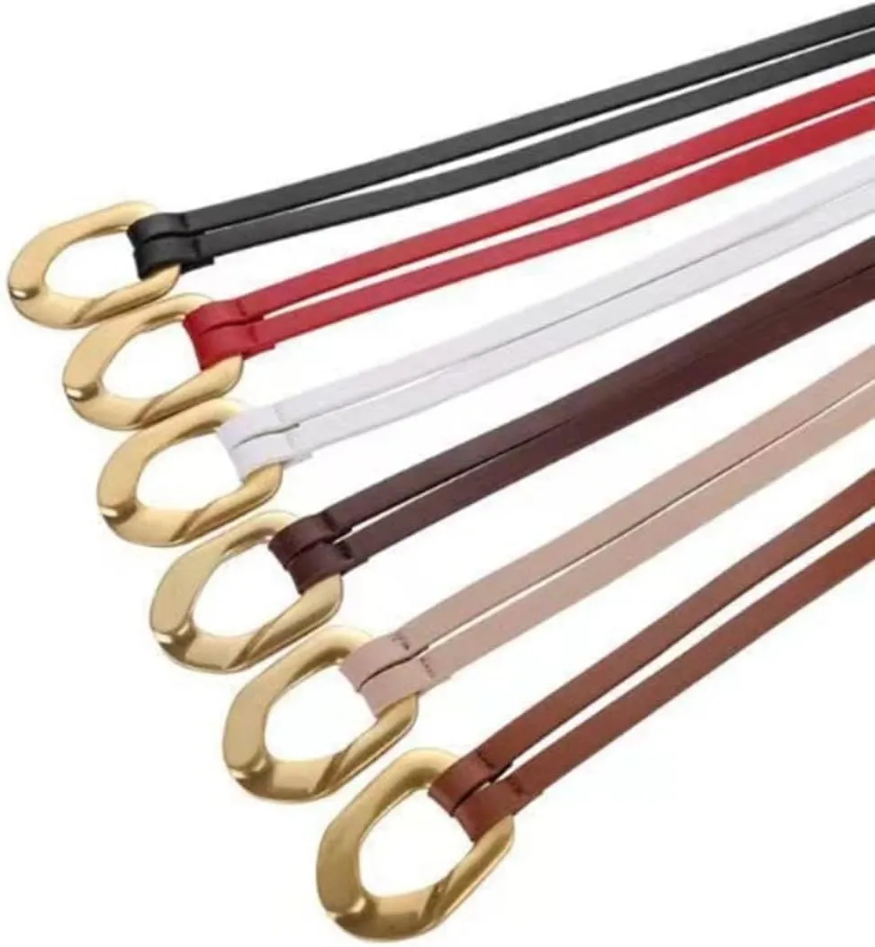 Women Genuine Leather Tie Belt Gold Buckle Double Strap Belts