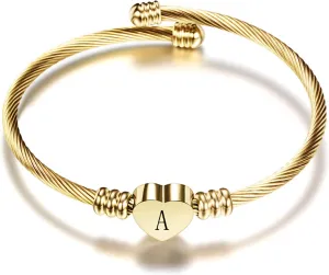Women Gold Plated Heart Initial A-Z Letter Cuff Bracelets Expandable Stainless Steel Birthday Jewelry