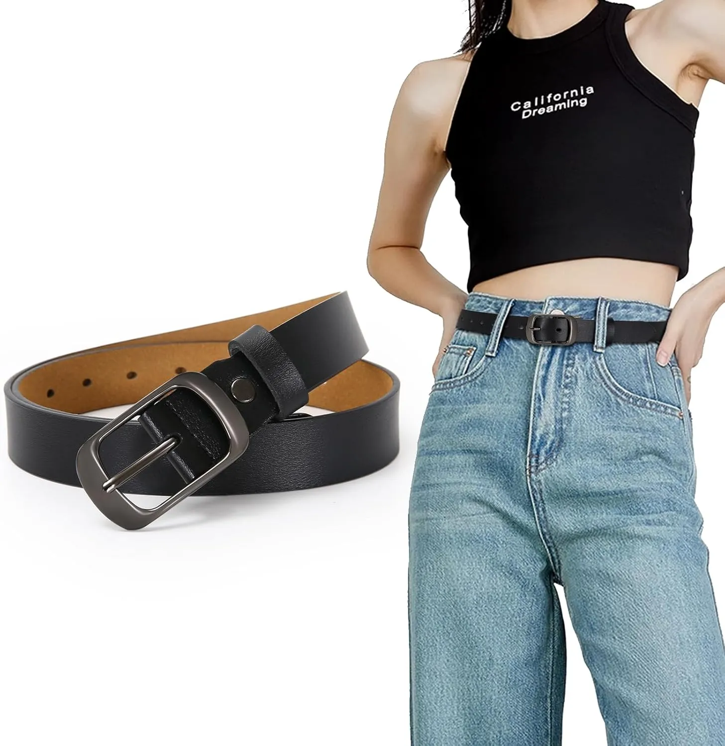 Women Leather Belts for Jeans Pants Fashion Dress Belt for Women with Solid Pin Buckle