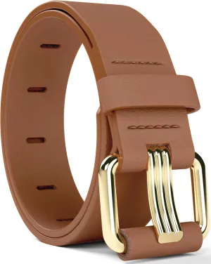 Womens Brown Vegan Leather Belt  Adjustable Belt with Gold Buckle for Jeans, Dresses, Casual & Everyday Outfits