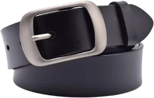 Womens Leather Belt for Jeans, Black Leather Waist Belts with Pin Buckles
