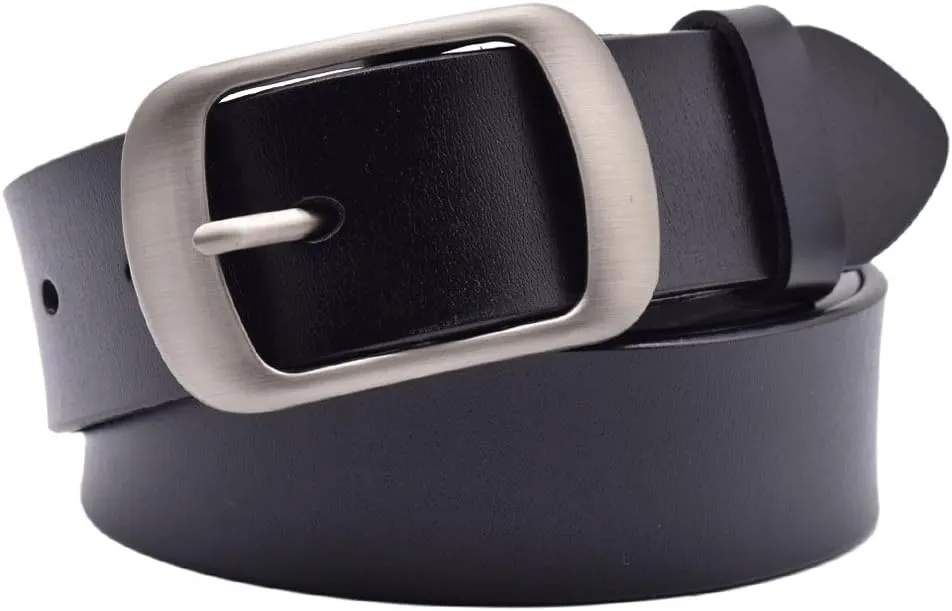 Womens Leather Belt for Jeans, Black Leather Waist Belts with Pin Buckles