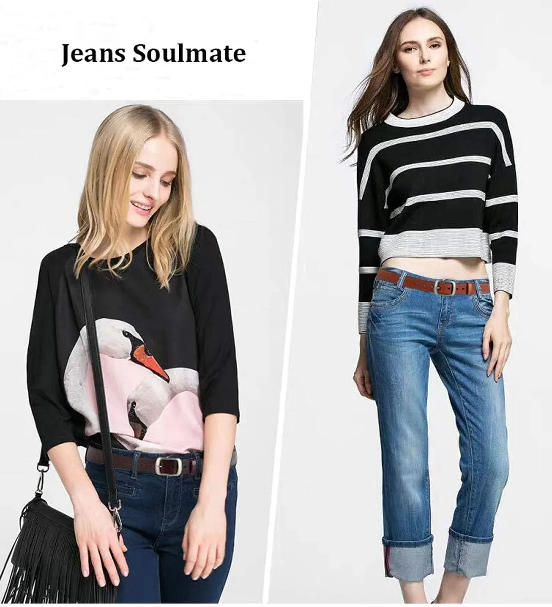 Womens Leather Belt for Jeans, Black Leather Waist Belts with Pin Buckles