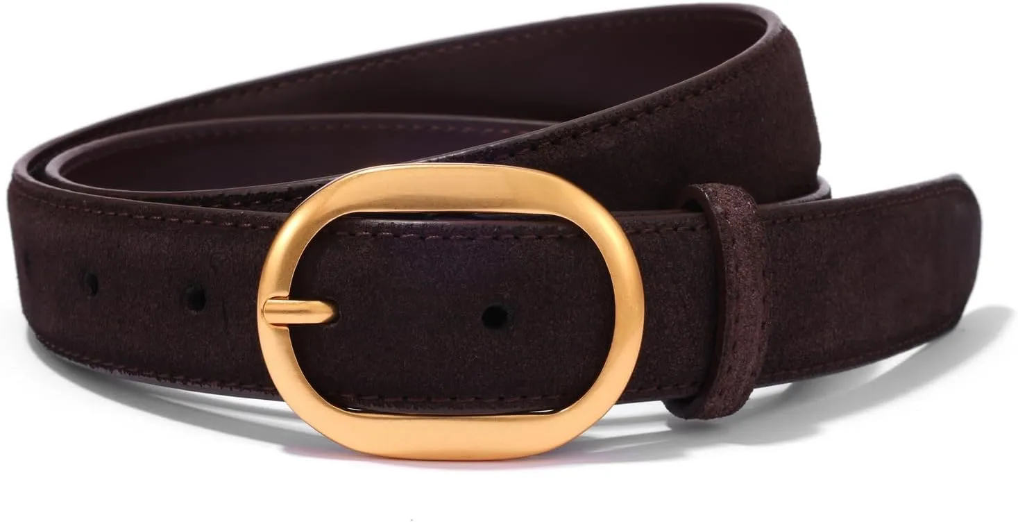 Womens Leather Suede Belt Brown Waist Belt for Casual Dress Jeans Ladies Genuine Leather Gold Buckle Belt