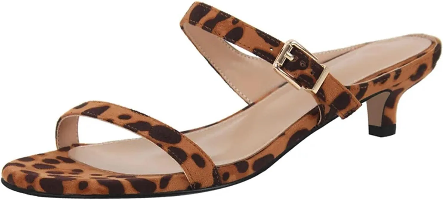 Women's Leopard Kitten Heel Mules - Slip On Summer Sandals