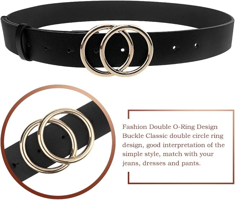 Women's PU Leather Belt Double O Ring Soft Faux Leather Waist Belt