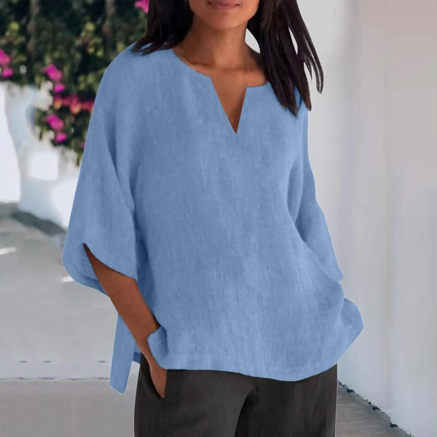 Women's Summer Tops Trendy Comfy Cotton Linen Shirts Loose Soft Linen Blouse Round Neck Oversized Tunic Blouses