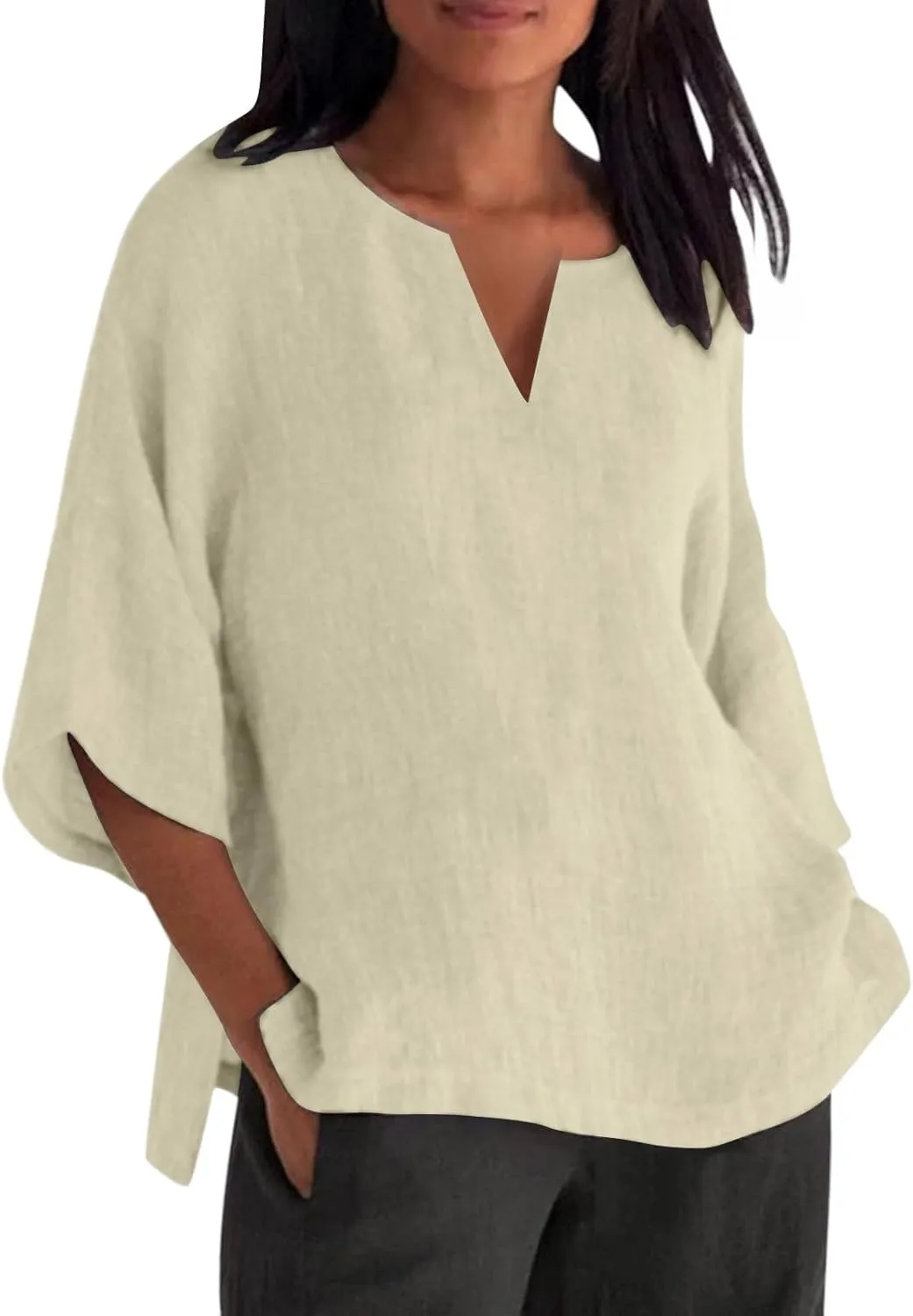 Women's Summer Tops Trendy Comfy Cotton Linen Shirts Loose Soft Linen Blouse Round Neck Oversized Tunic Blouses