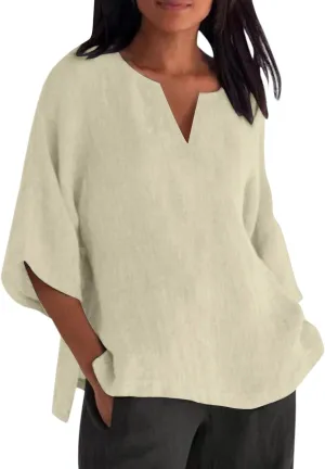 Women's Summer Tops Trendy Comfy Cotton Linen Shirts Loose Soft Linen Blouse Round Neck Oversized Tunic Blouses
