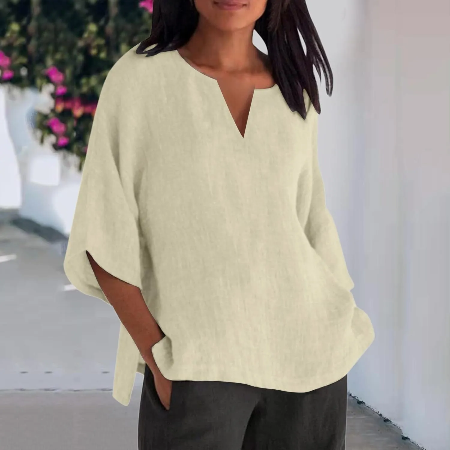 Women's Summer Tops Trendy Comfy Cotton Linen Shirts Loose Soft Linen Blouse Round Neck Oversized Tunic Blouses