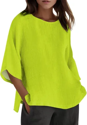 Women's Summer Tops Trendy Comfy Cotton Linen Shirts Loose Soft Linen Blouse Round Neck Oversized Tunic Blouses