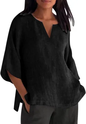 Women's Summer Tops Trendy Comfy Cotton Linen Shirts Loose Soft Linen Blouse Round Neck Oversized Tunic Blouses