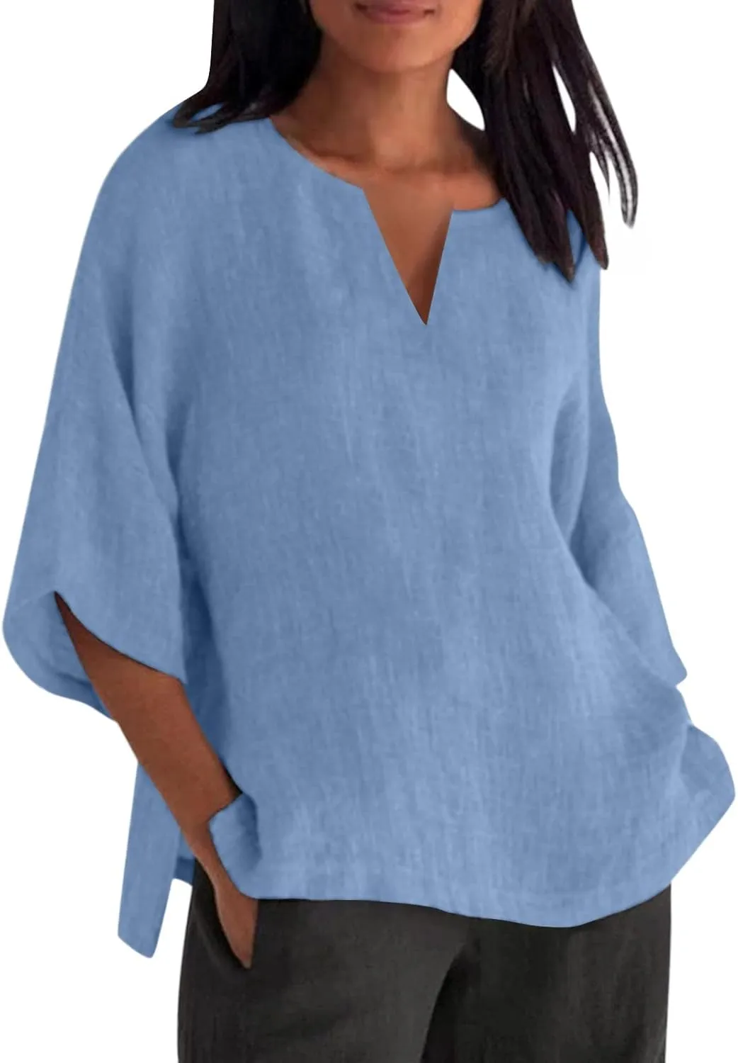 Women's Summer Tops Trendy Comfy Cotton Linen Shirts Loose Soft Linen Blouse Round Neck Oversized Tunic Blouses
