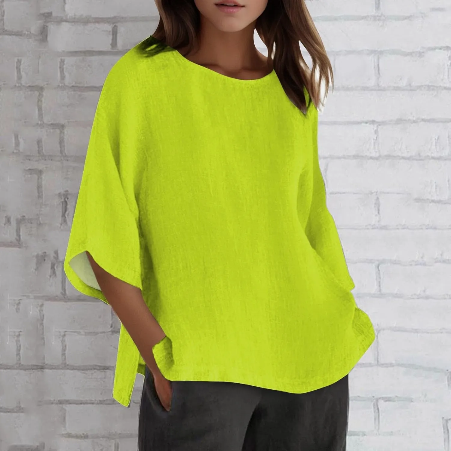 Women's Summer Tops Trendy Comfy Cotton Linen Shirts Loose Soft Linen Blouse Round Neck Oversized Tunic Blouses