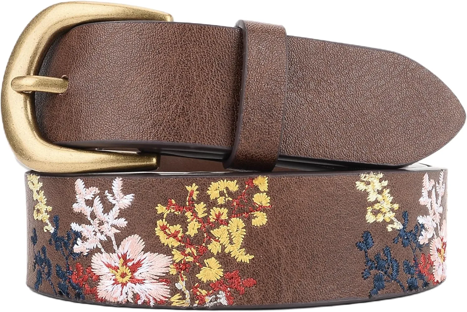 Women's Vegan Leather Belts for Jeans Dresses Pants,1.1" Fashion Ladies Waist Belt with Embroidered Flowers