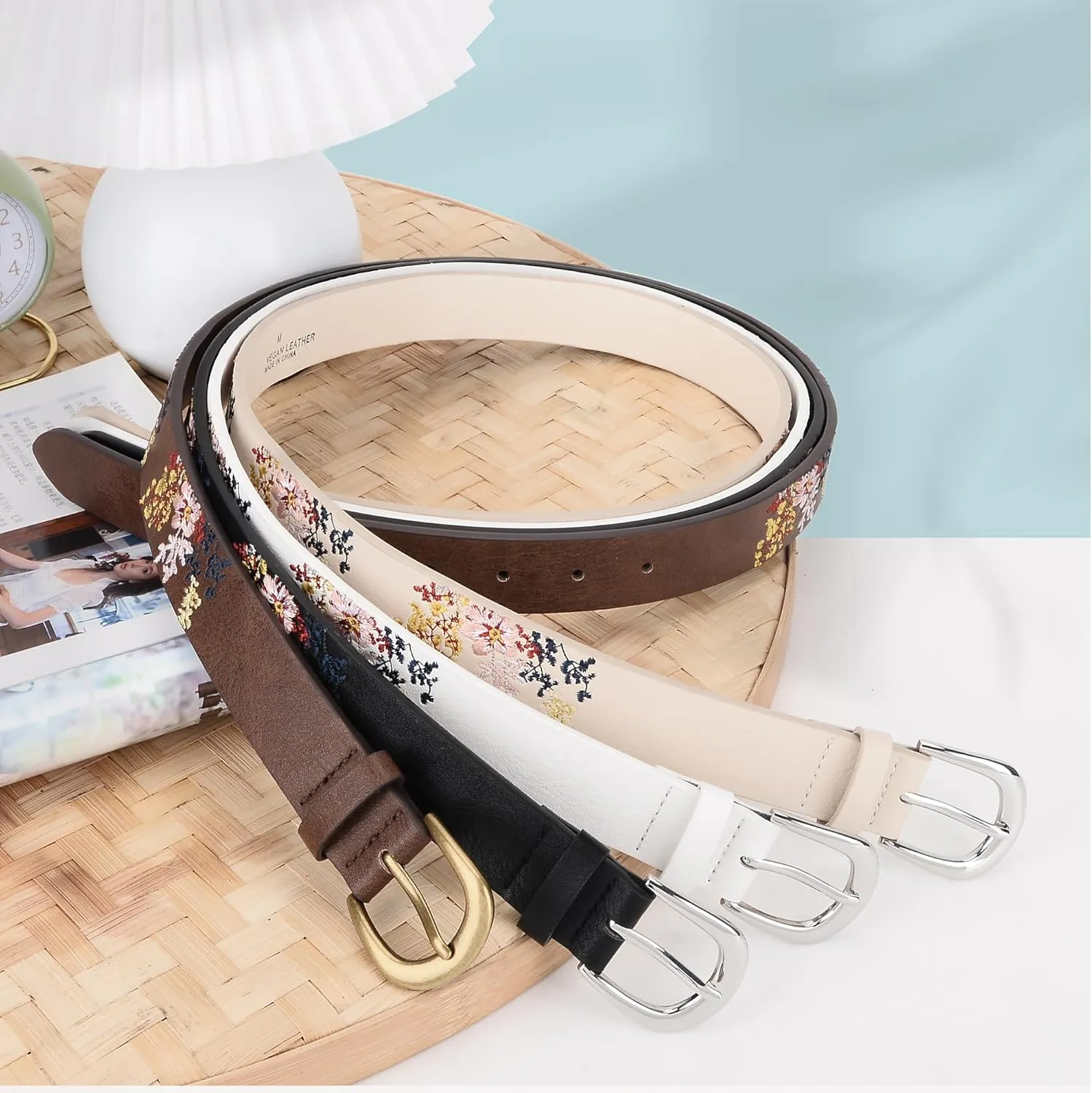 Women's Vegan Leather Belts for Jeans Dresses Pants,1.1" Fashion Ladies Waist Belt with Embroidered Flowers