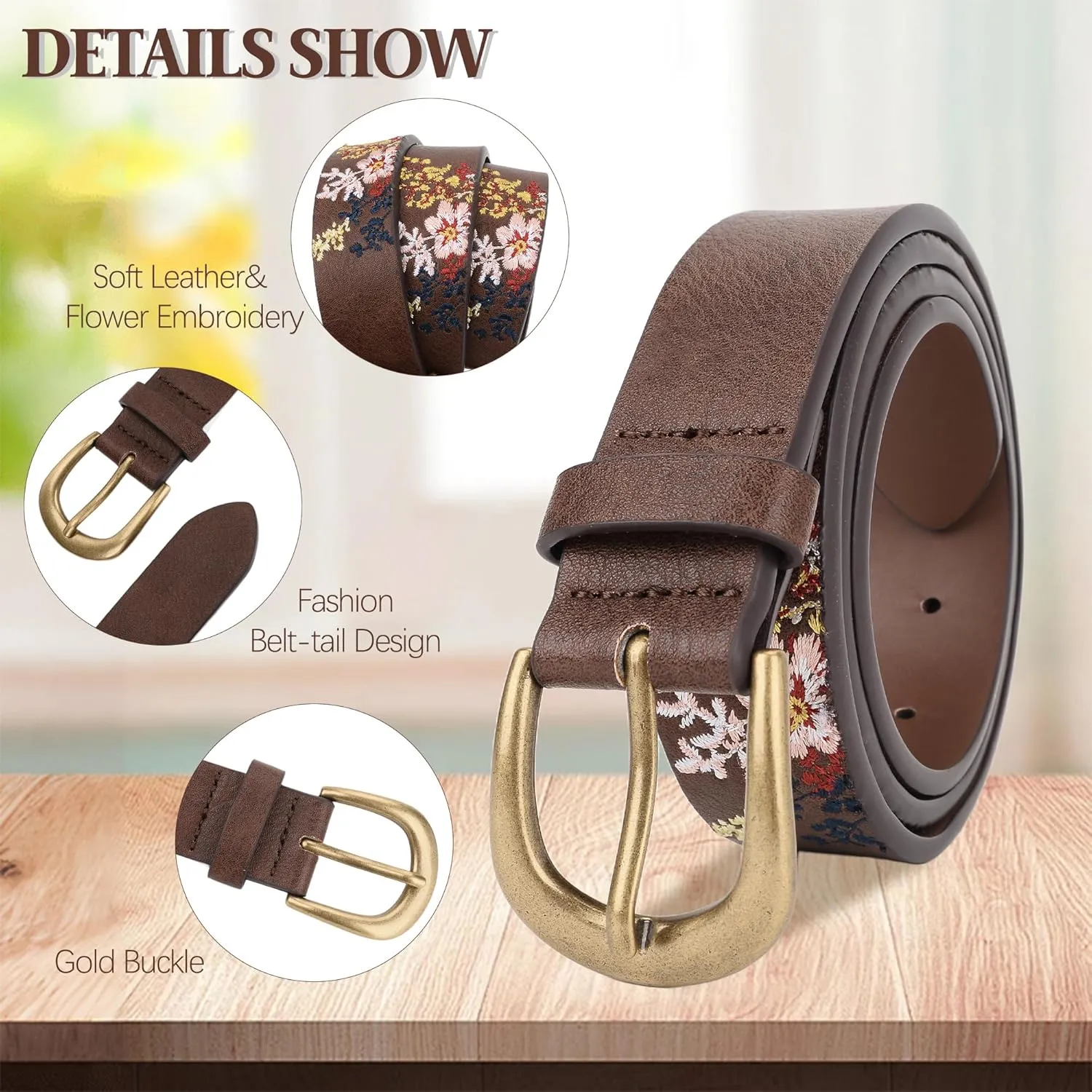 Women's Vegan Leather Belts for Jeans Dresses Pants,1.1" Fashion Ladies Waist Belt with Embroidered Flowers