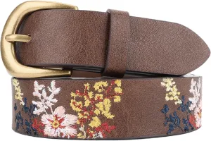 Women's Vegan Leather Belts for Jeans Dresses Pants,1.1" Fashion Ladies Waist Belt with Embroidered Flowers