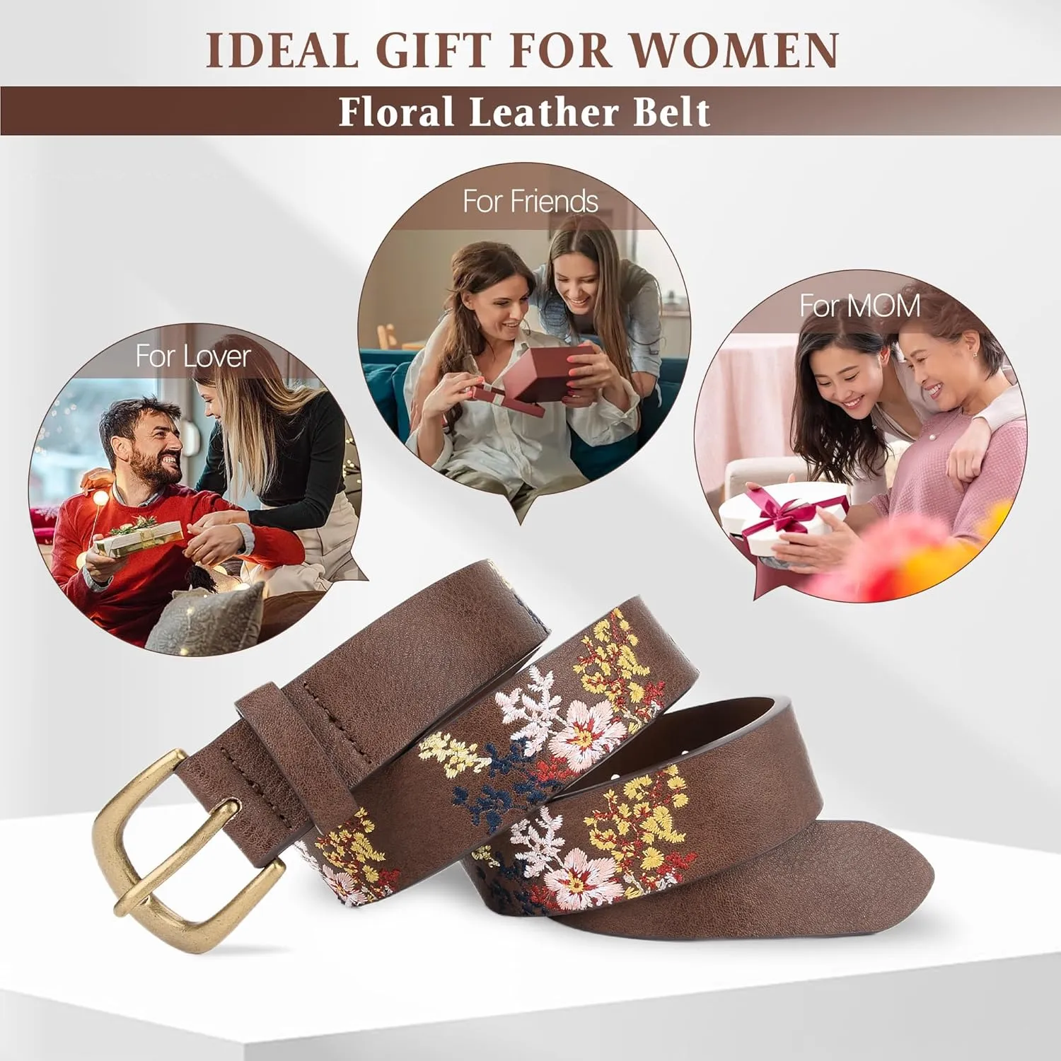 Women's Vegan Leather Belts for Jeans Dresses Pants,1.1" Fashion Ladies Waist Belt with Embroidered Flowers