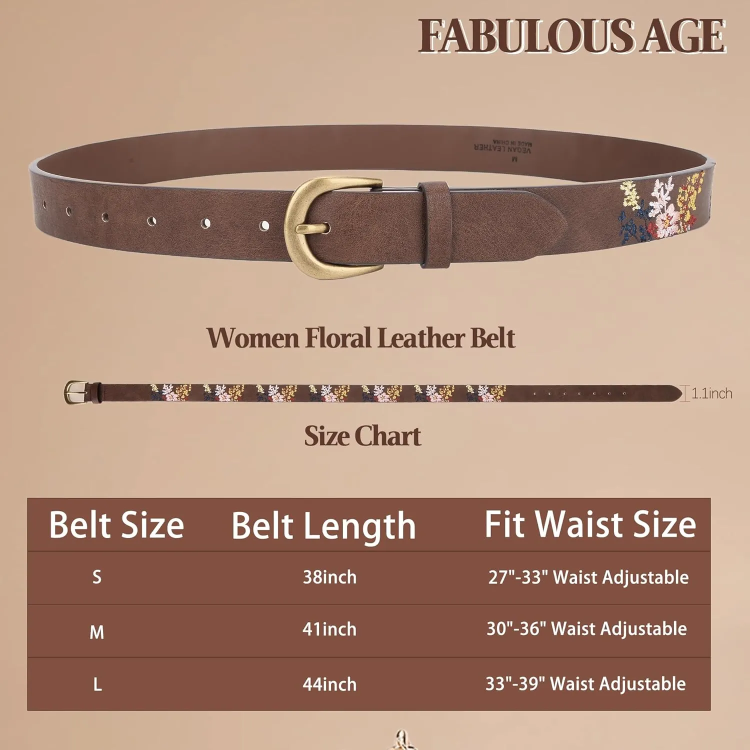 Women's Vegan Leather Belts for Jeans Dresses Pants,1.1" Fashion Ladies Waist Belt with Embroidered Flowers