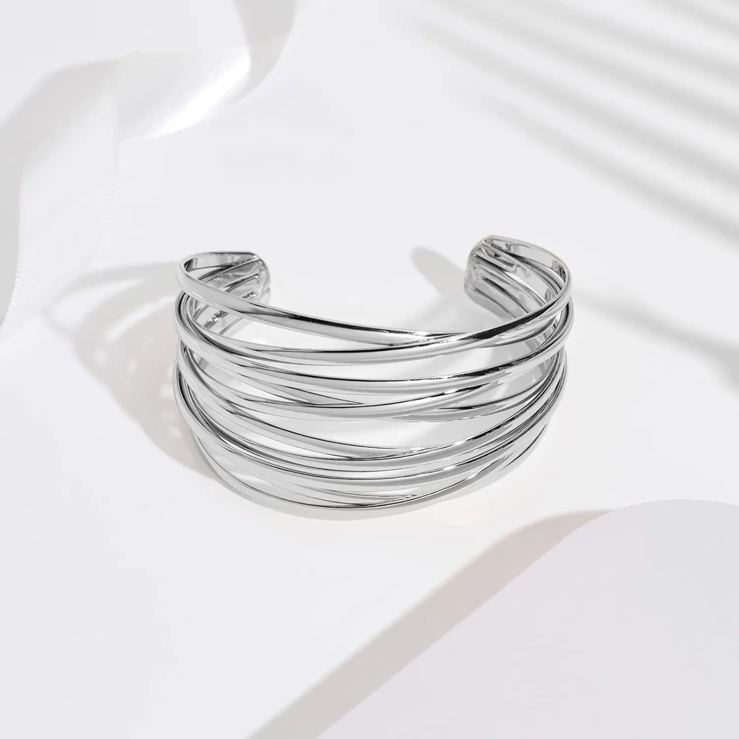 WOWORAMA Chunky Cuff Bracelets for Women Multi-layer Cross Wire Open Bangle Bracelet Adjustable Chunky Wide Open Wrist Arm Cuffs Wrap Bracelet Gold/White Gold