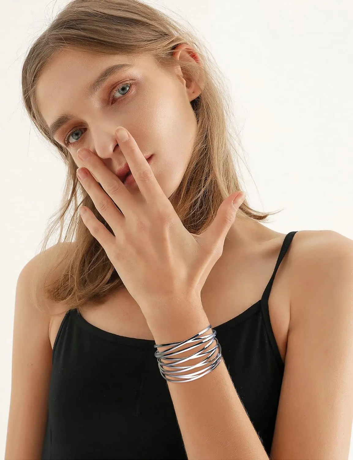 WOWORAMA Chunky Cuff Bracelets for Women Multi-layer Cross Wire Open Bangle Bracelet Adjustable Chunky Wide Open Wrist Arm Cuffs Wrap Bracelet Gold/White Gold