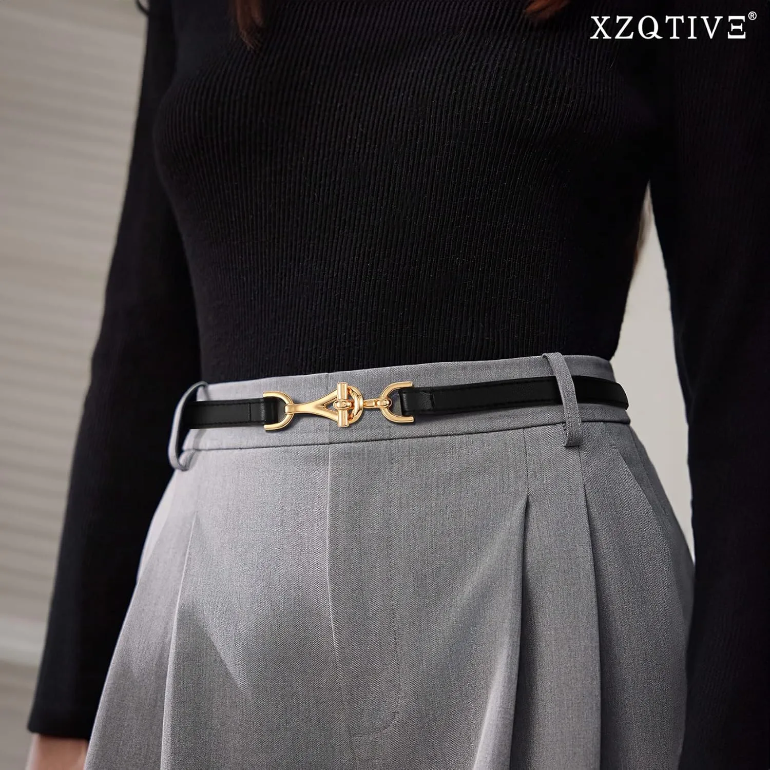 XZQTIVE Leather Skinny Belt for Women Adjustable Thin Waist Belt Gold Buckle for Dresses Coats Jeans