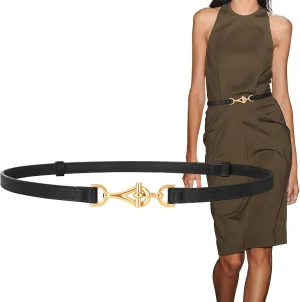 XZQTIVE Leather Skinny Belt for Women Adjustable Thin Waist Belt Gold Buckle for Dresses Coats Jeans
