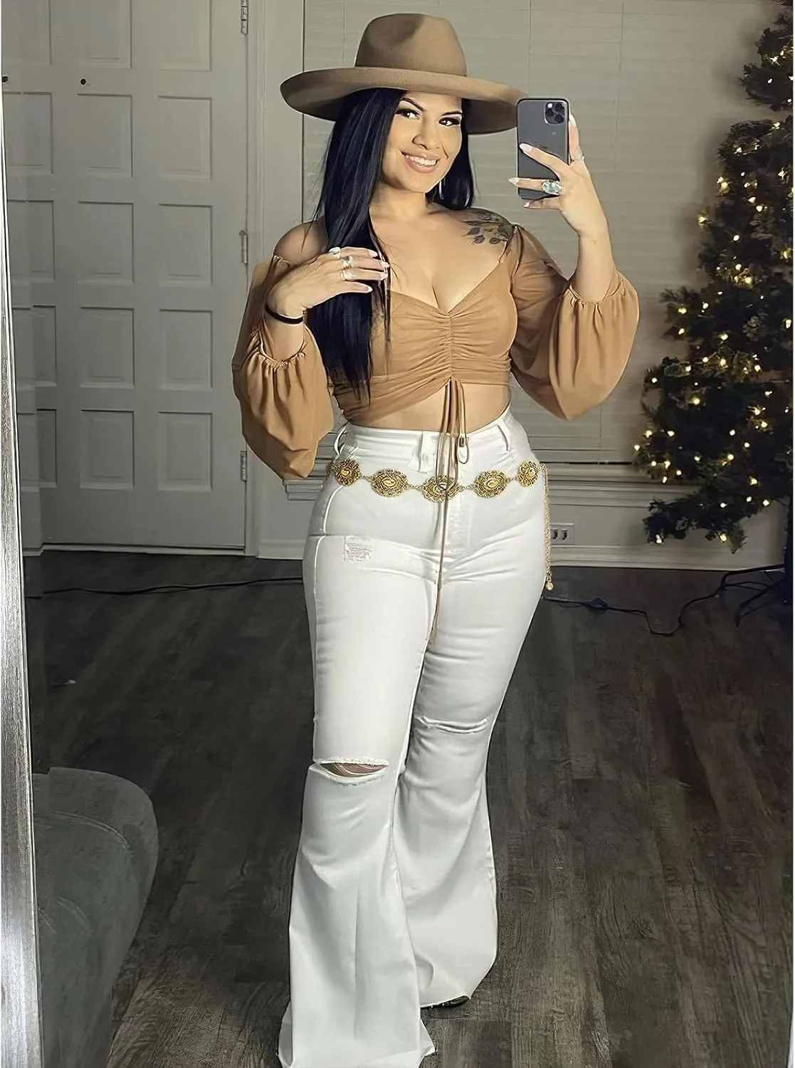 XZQTIVE Women Boho Chain Belts For Dresses Jeans Western Cowgirl Waist Links Belt Adjustable Metal Concho Belt