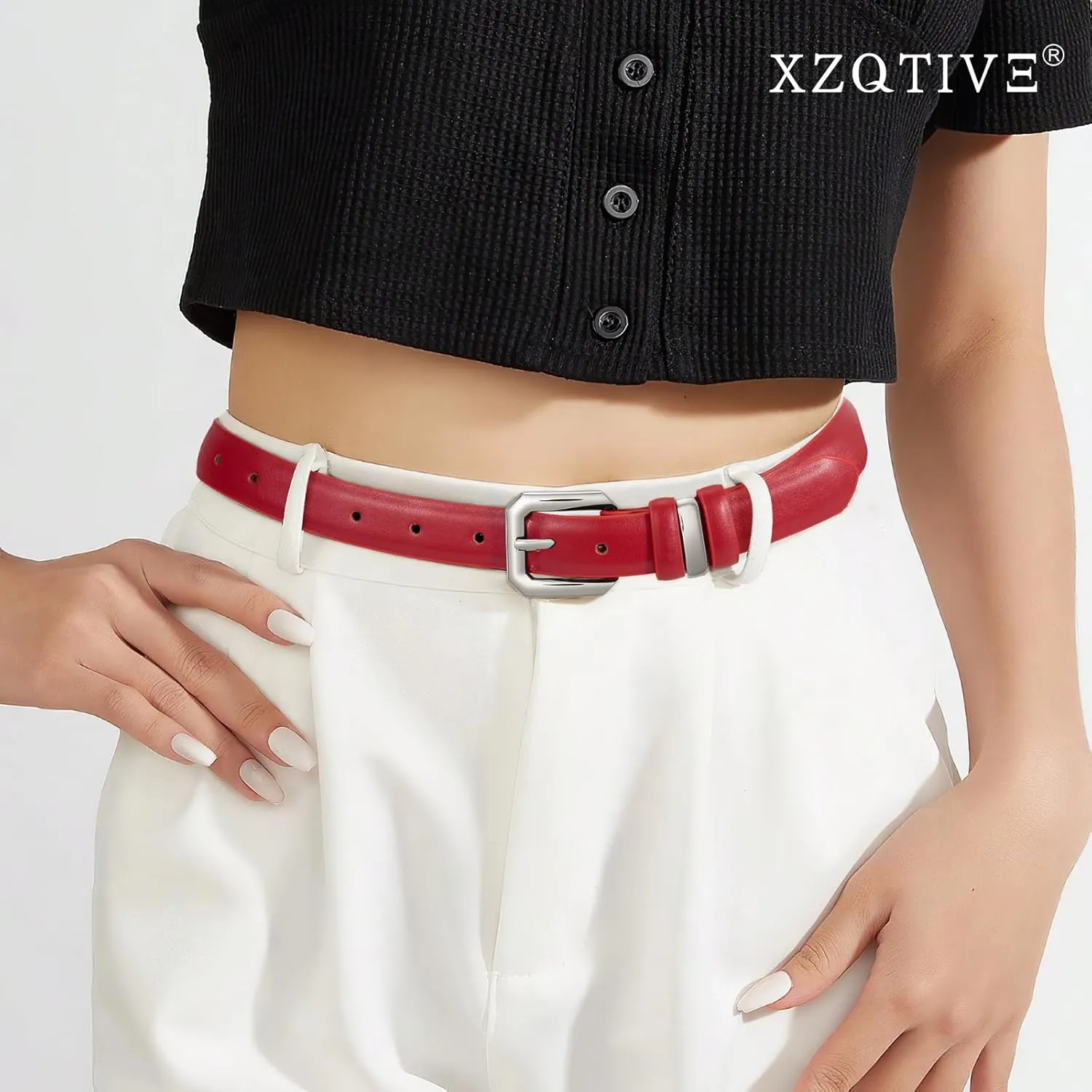XZQTIVE Women Leather Belt for Jeans Pants Dresses Fashion Ladies Skinny Leather Belt with Silver Buckle
