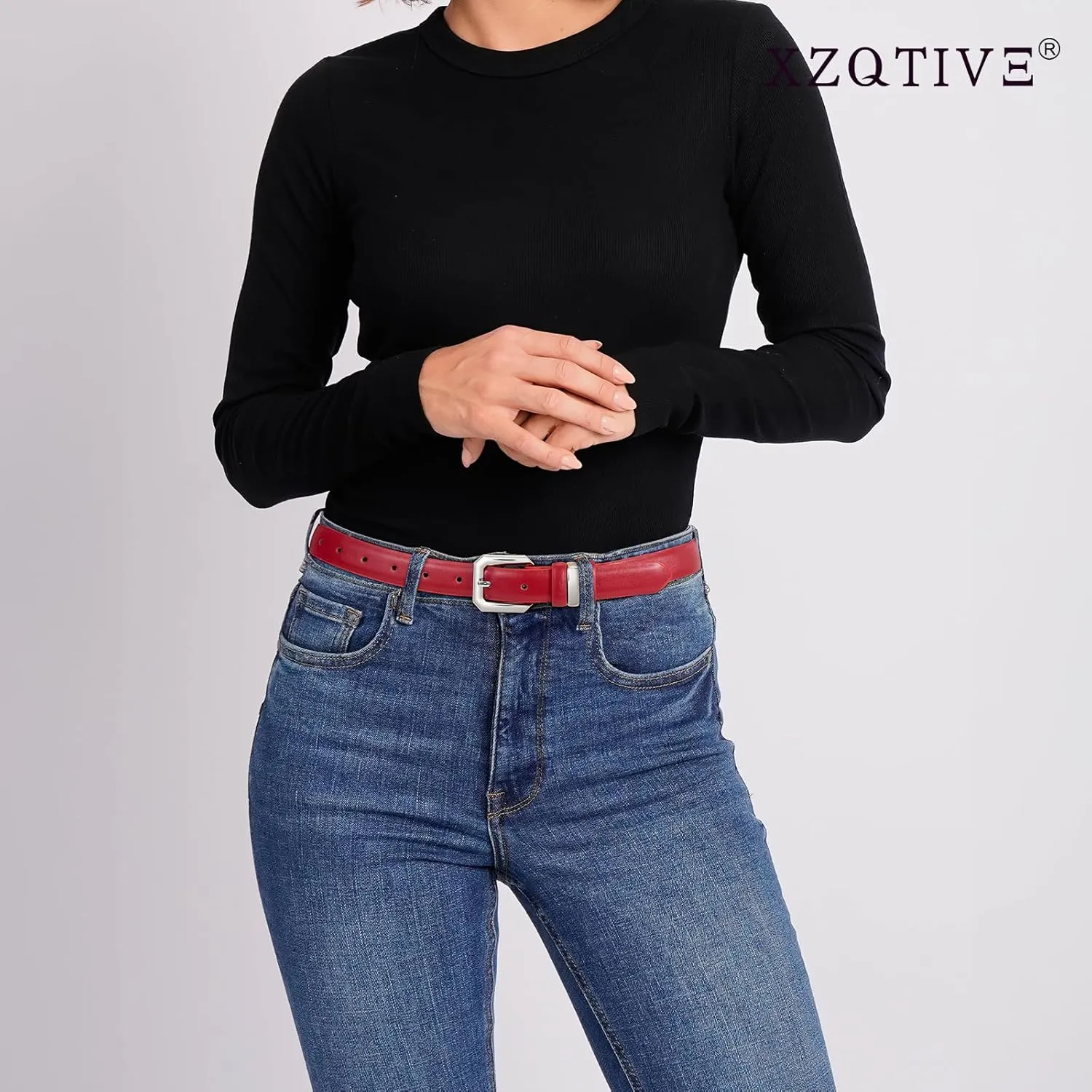 XZQTIVE Women Leather Belt for Jeans Pants Dresses Fashion Ladies Skinny Leather Belt with Silver Buckle