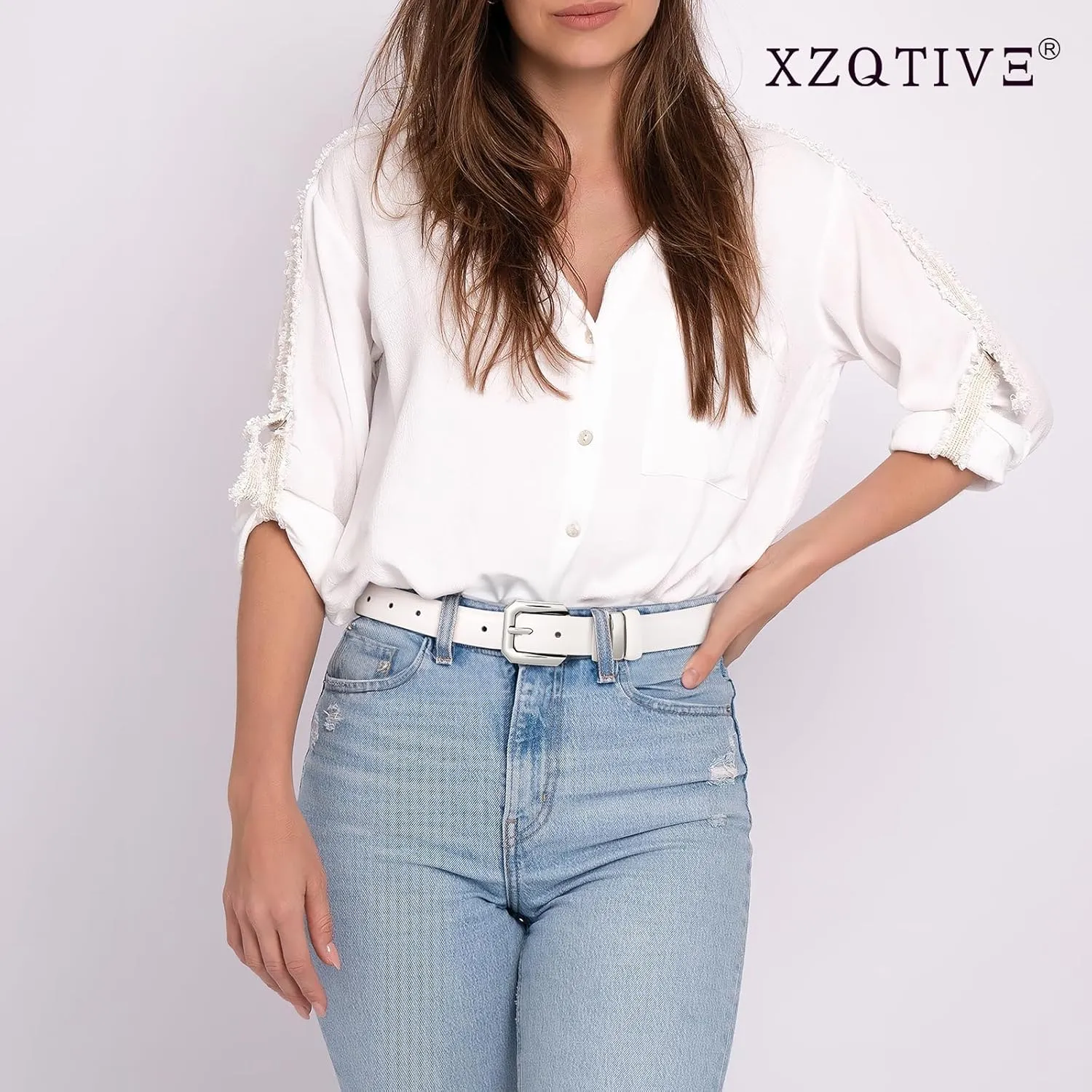 XZQTIVE Women Leather Belt for Jeans Pants Dresses Fashion Ladies Skinny Leather Belt with Silver Buckle