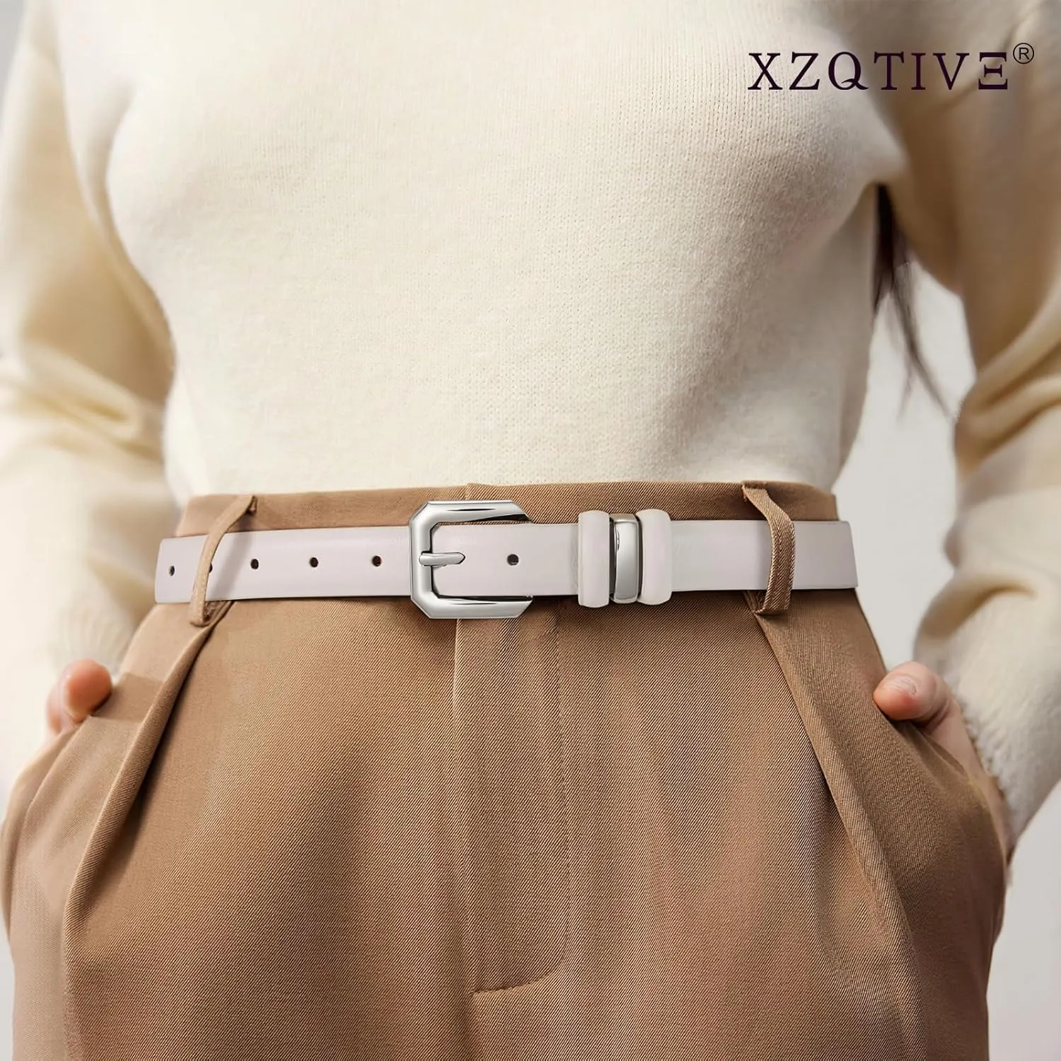 XZQTIVE Women Leather Belt for Jeans Pants Dresses Fashion Ladies Skinny Leather Belt with Silver Buckle