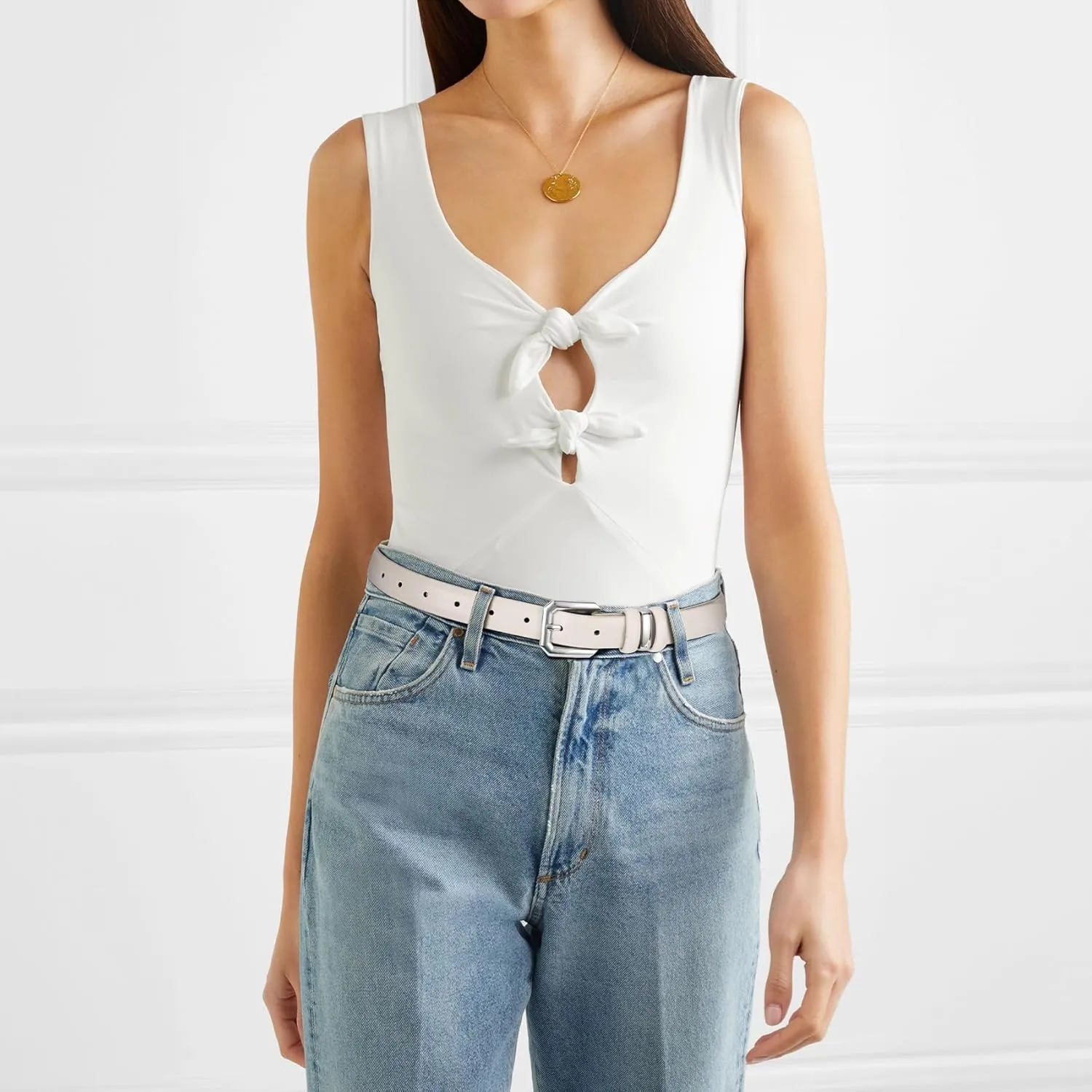 XZQTIVE Women Leather Belt for Jeans Pants Dresses Fashion Ladies Skinny Leather Belt with Silver Buckle