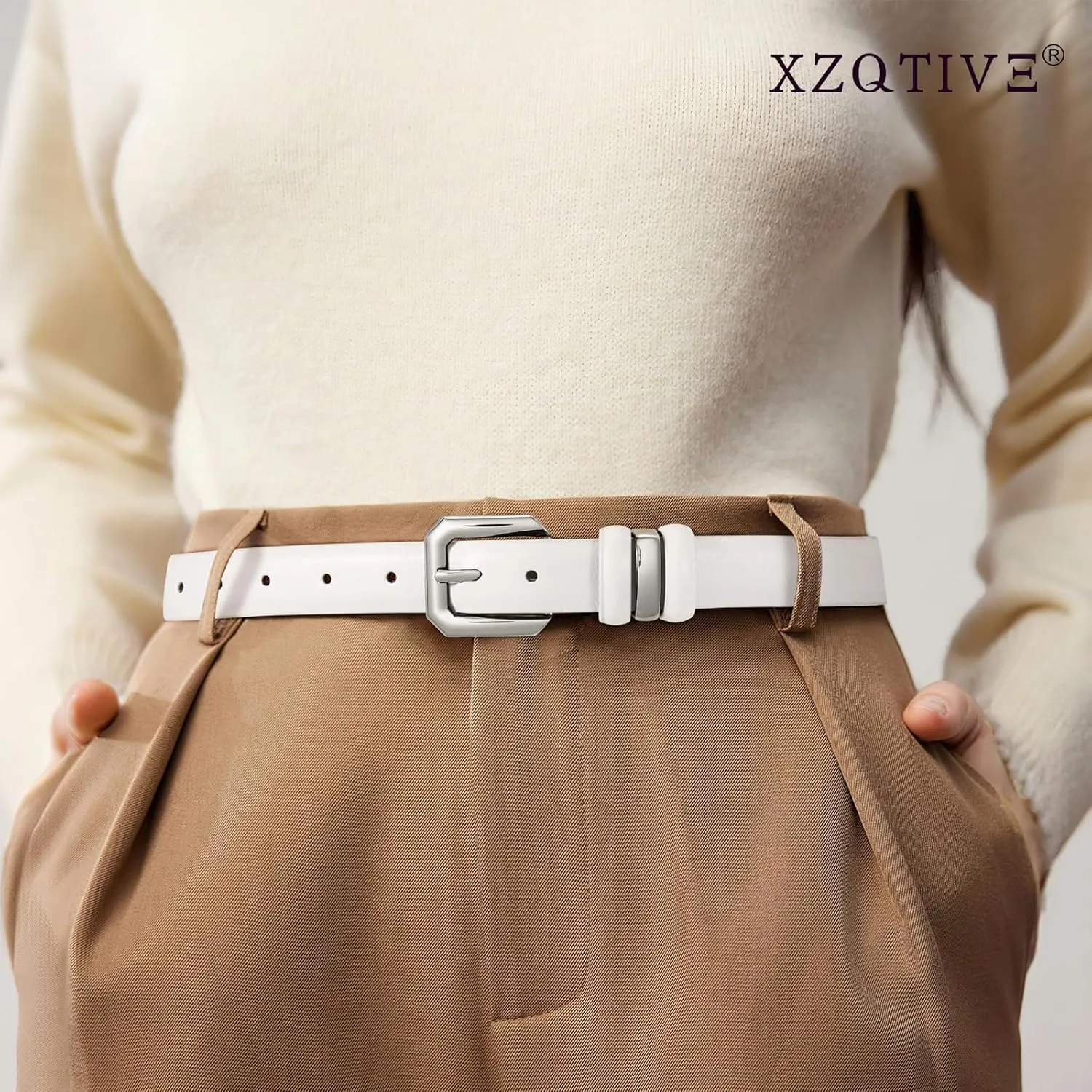 XZQTIVE Women Leather Belt for Jeans Pants Dresses Fashion Ladies Skinny Leather Belt with Silver Buckle