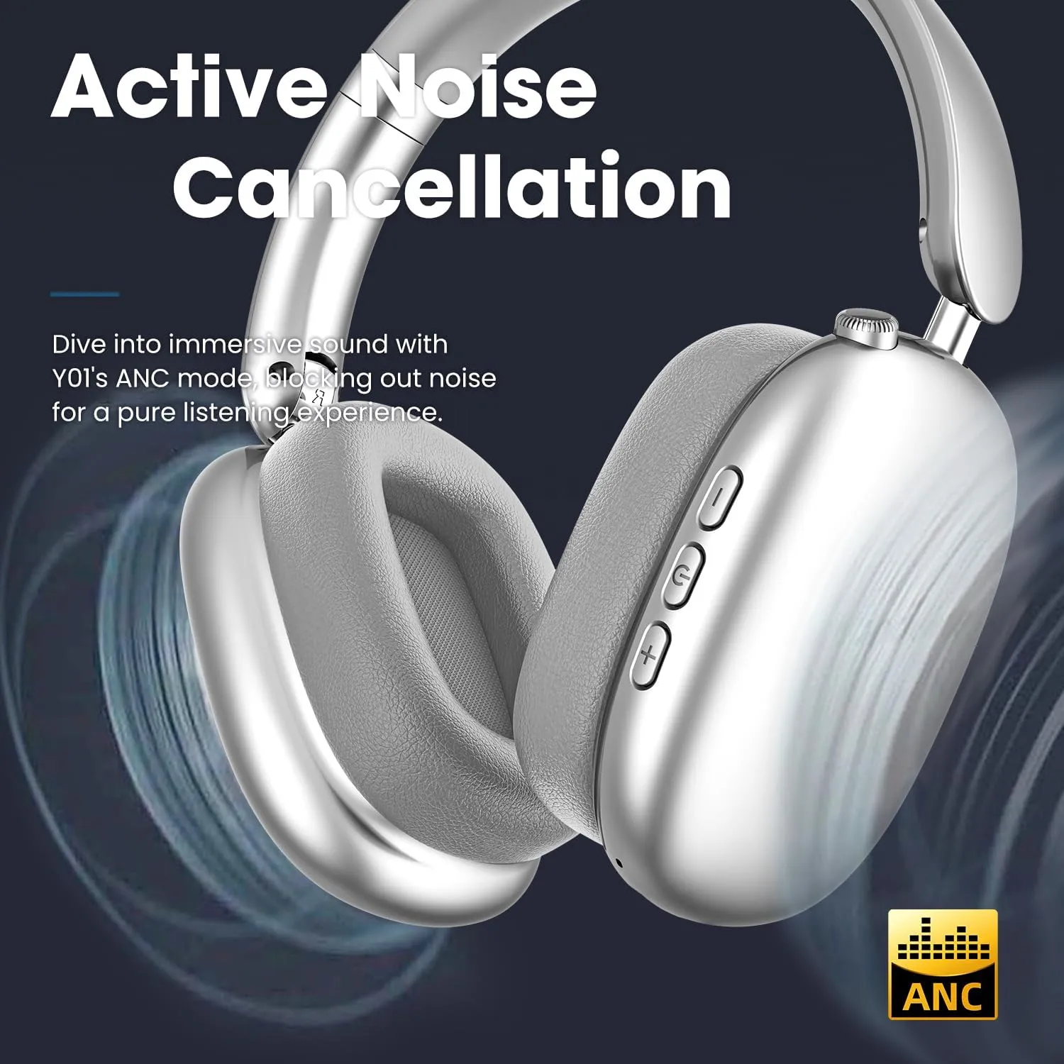 Y01 Wireless Over Ear Headphones, Noise Canceling Bluetooth 5.3 Headphones with Microphones,Hi-Res Audio,48H Playtime,Foldable,Breathable Soft Earpads for iOS/Android/Samsung/PC-Silver