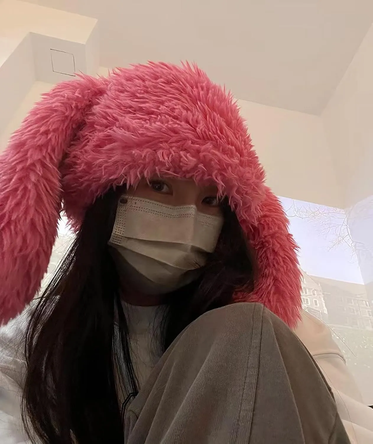 Y2K Fuzzy Bunny Hat for Women Cute Plush Beanie with Bunny Ears Long Rabbit Ears Winter Hat
