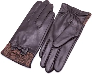 YISEVEN Women's Sheepskin Winter Driving Genuine Leather Gloves Lace Bow