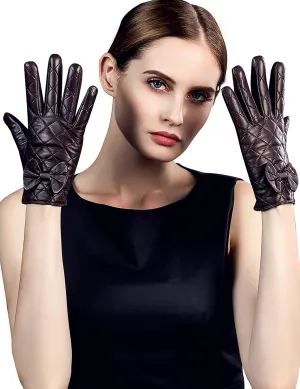 YISEVEN Women's Sheepskin Winter Driving Genuine Leather Gloves Lace Bow