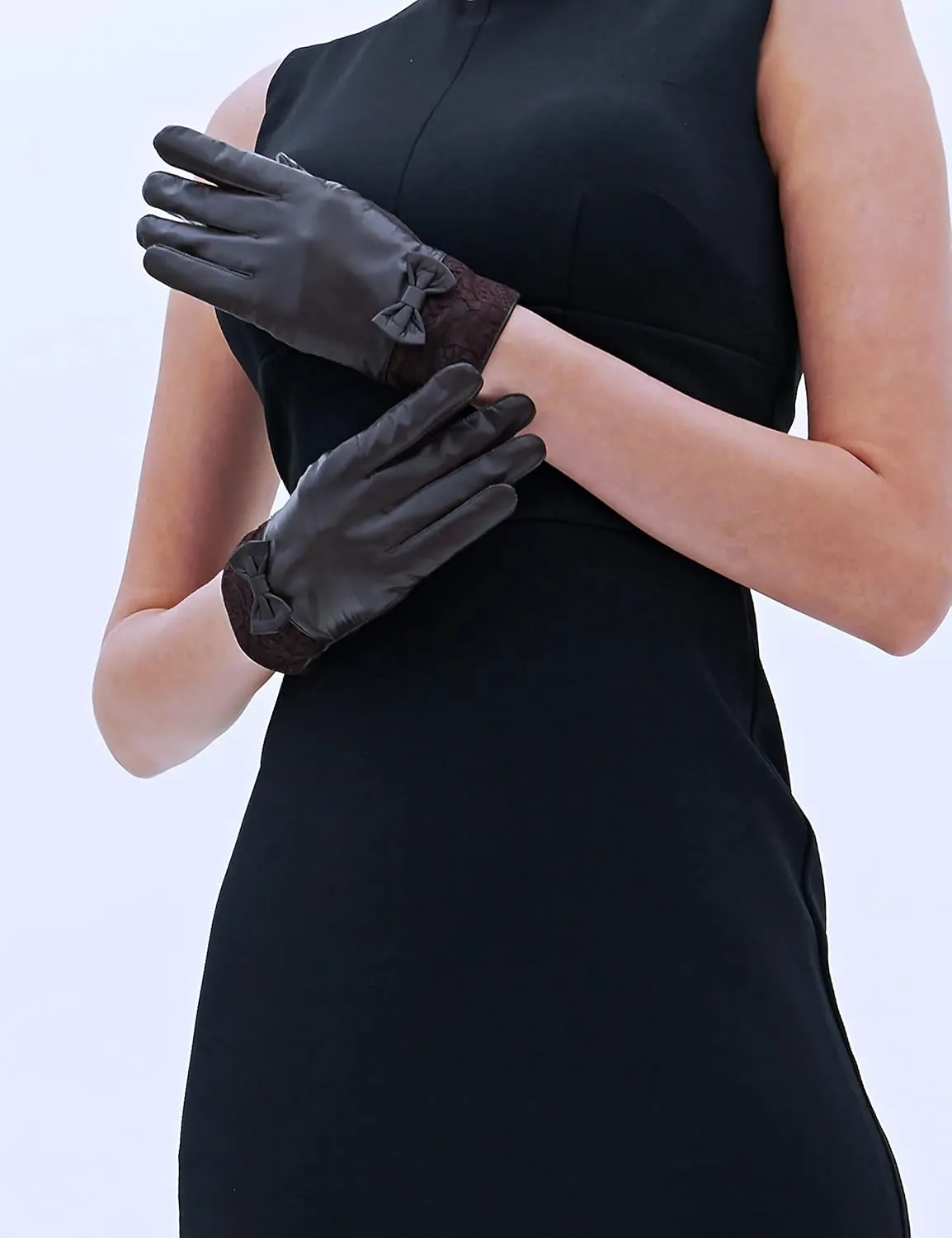 YISEVEN Women's Sheepskin Winter Driving Genuine Leather Gloves Lace Bow