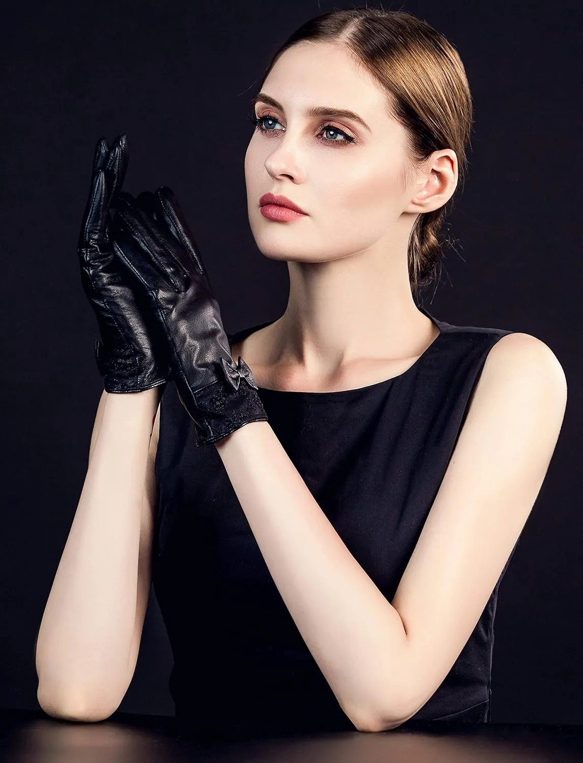 YISEVEN Women's Sheepskin Winter Driving Genuine Leather Gloves Lace Bow