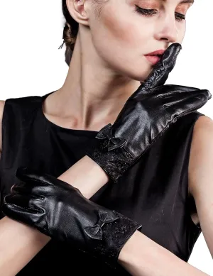 YISEVEN Women's Sheepskin Winter Driving Genuine Leather Gloves Lace Bow