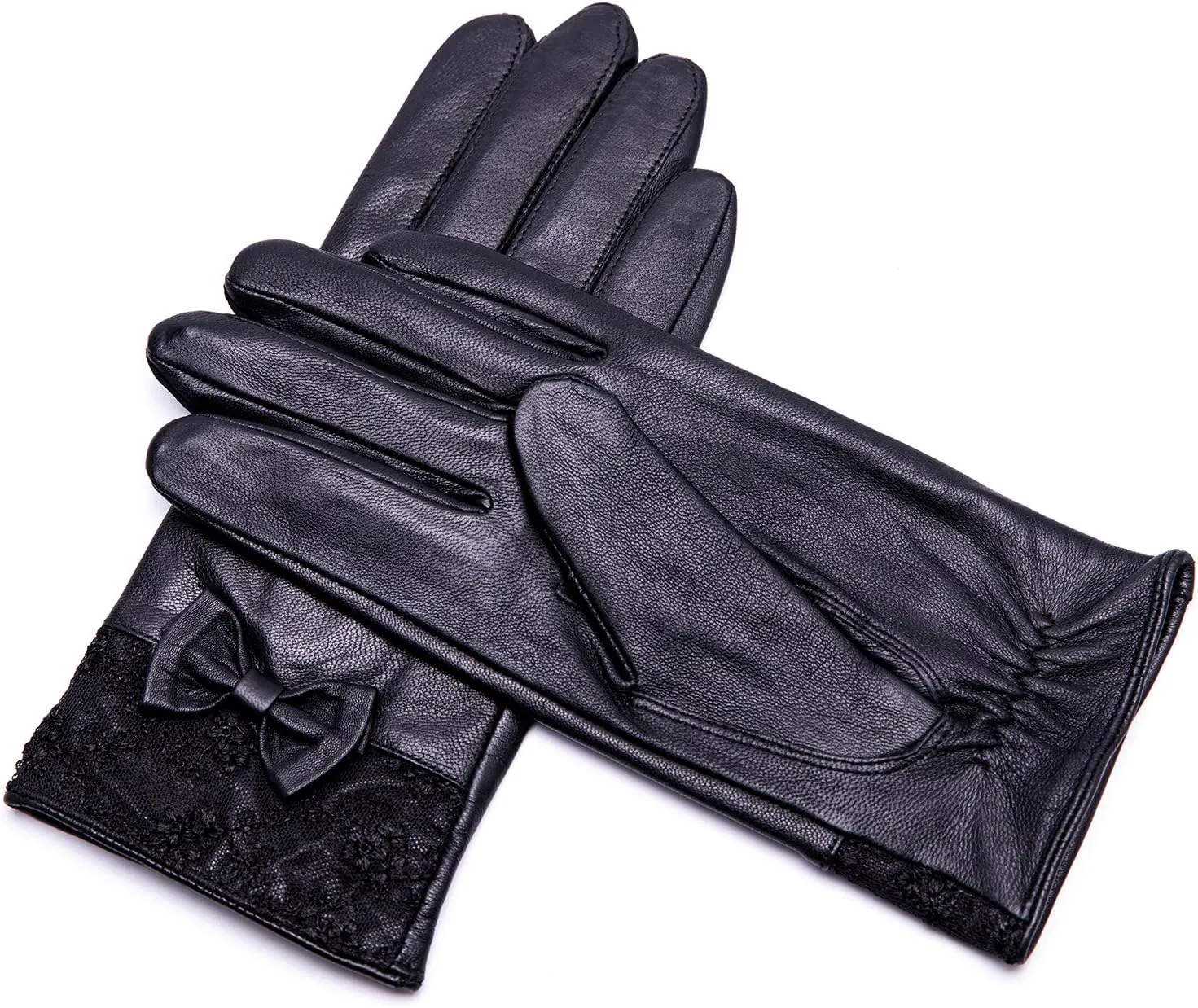 YISEVEN Women's Sheepskin Winter Driving Genuine Leather Gloves Lace Bow